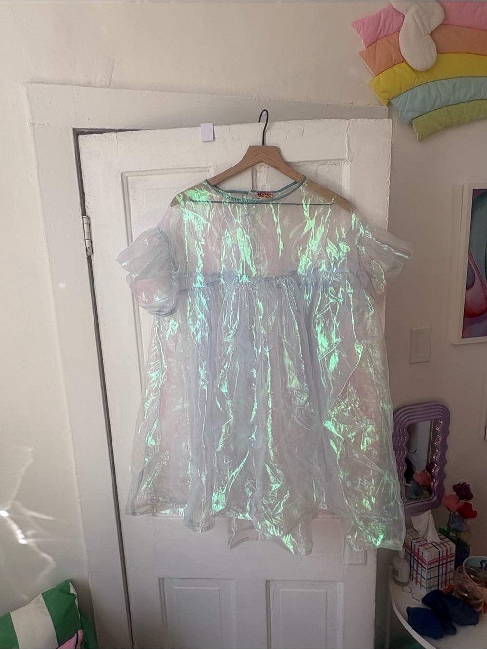Nettle Studios NWOT Iridescent Puff-Sleeve Mini Dress - Sheer Holographic White